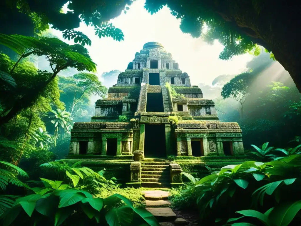 Misteriosa ruina maya en selva exuberante Misterio revelado: antigua civilización Maya desaparecida entre la exuberante jungla, con ruinas apenas visibles y mariposas en vuelo