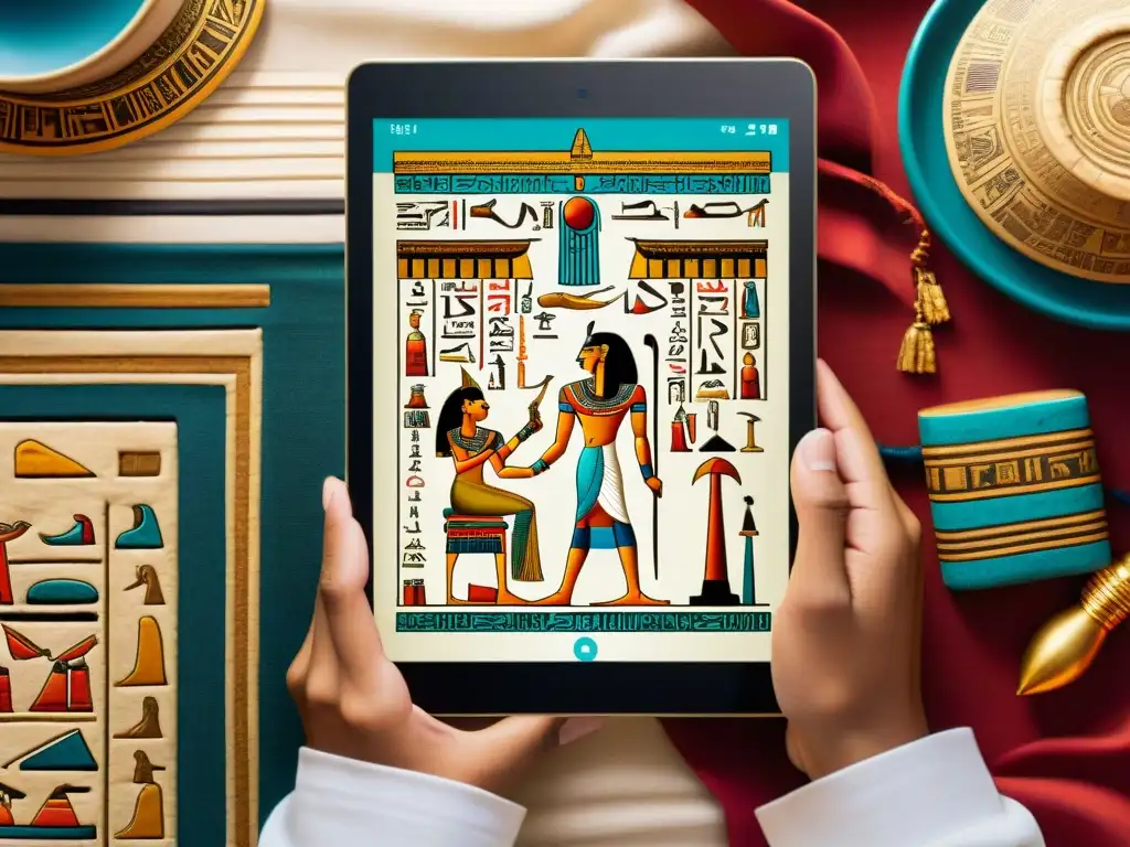 Descubre misterios de Egipto en apps con jeroglíficos y colores vibrantes en una tableta cerca de un smartphone