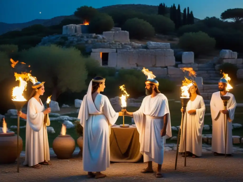 Iniciación en los Misterios Eleusinos Antigua Grecia: ceremonia con robedores blancos, antorchas, estatuas de Deméter y Perséfone