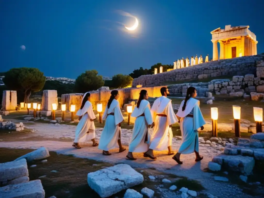 Misterios Eleusinos en Grecia: Procesión de iniciados con antorchas en ruinas antiguas bajo la luna, revelando sabiduría oculta