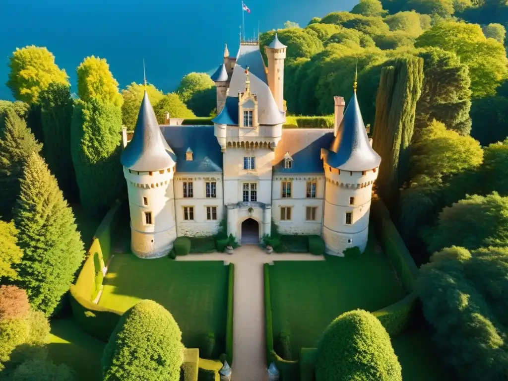 Misterios del priorato de Sion: Castillo histórico bajo la luz dorada, rodeado de vegetación exuberante y cielo azul