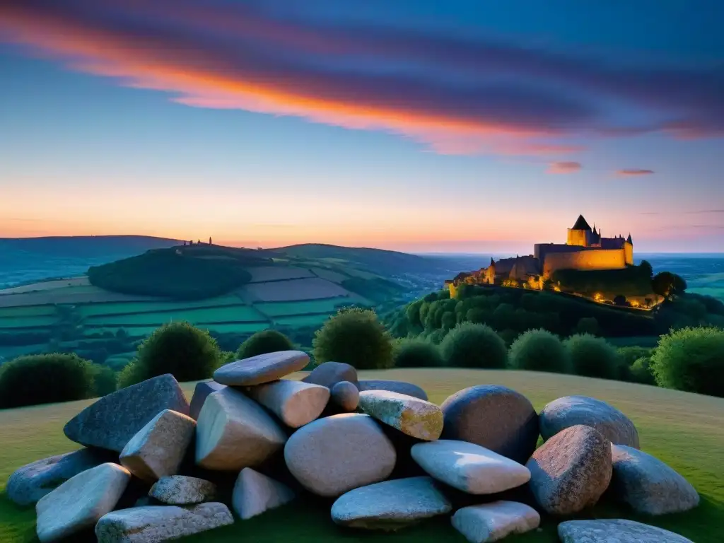 Misterios revelados del Priorato de Sion: paisaje enigmático de Rennes-le-Château al atardecer, con antiguas estructuras de piedra y cielo dramático