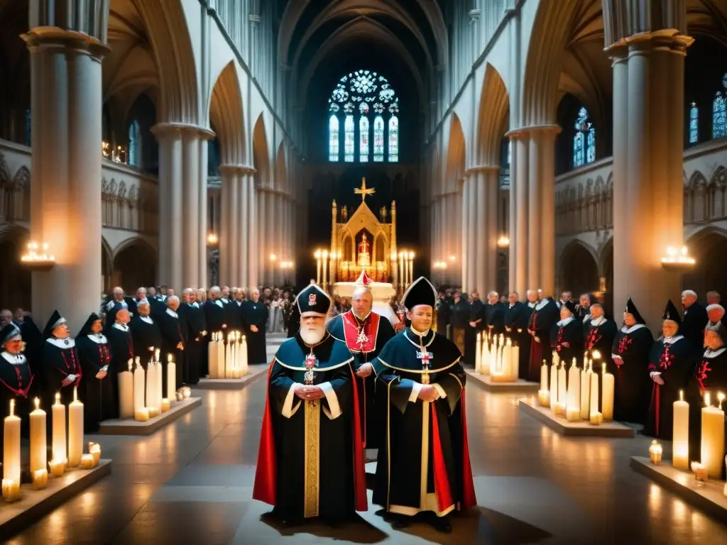 Misterios y rituales de sociedades secretas: ceremonia en catedral gótica con miembros de la Orden de Malta enmascarados