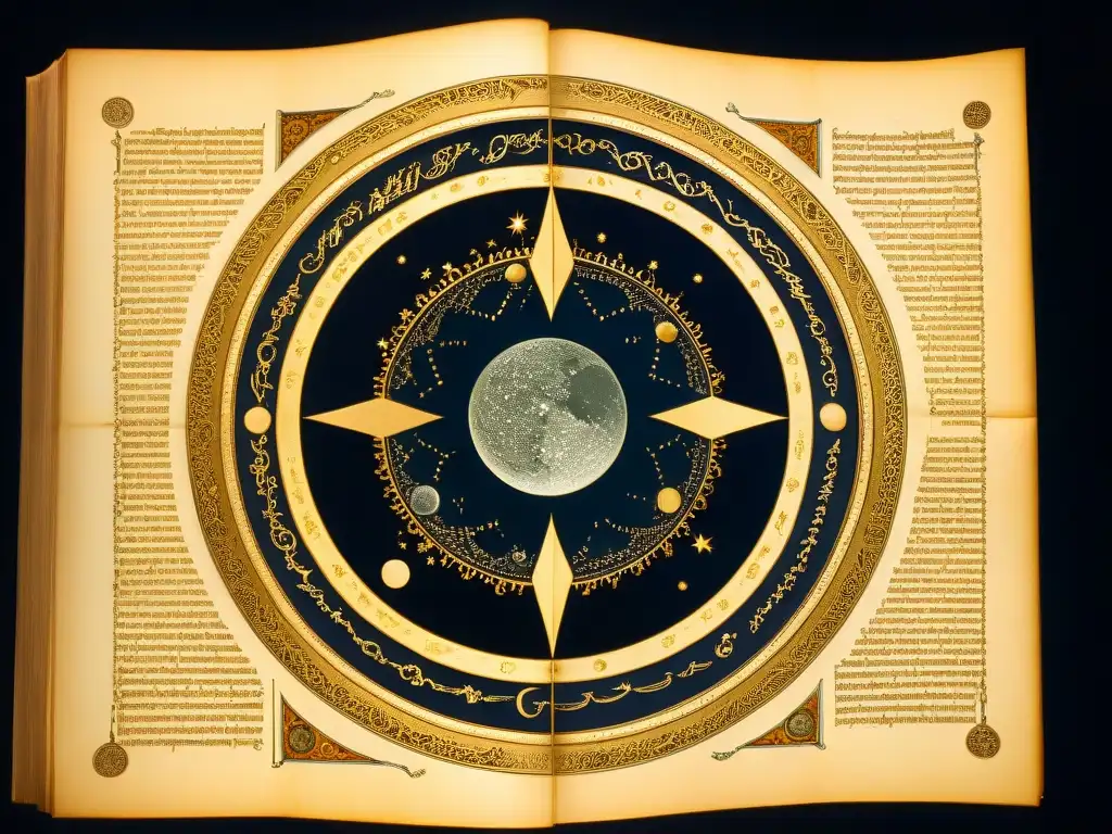 Misterios de las sociedades secretas: Antiguo manuscrito iluminado por la luna, revelando símbolos y diagramas esotéricos