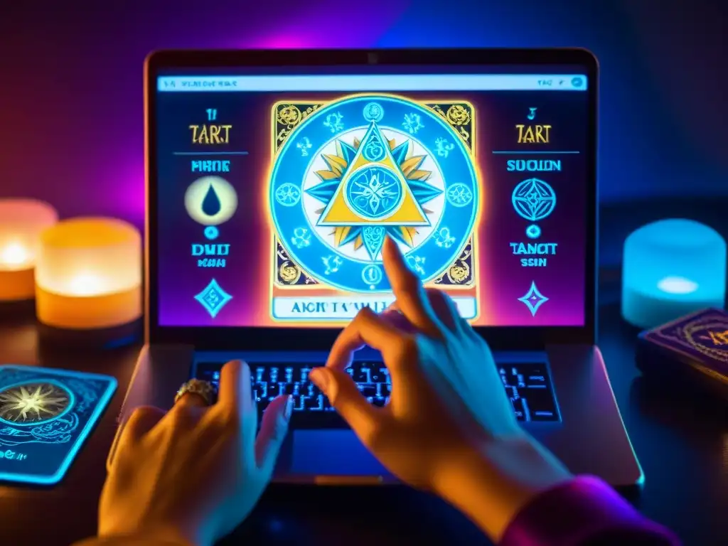 Misterios del Tarot digital revelados en pantalla, con símbolos vibrantes y una mano lista para elegir