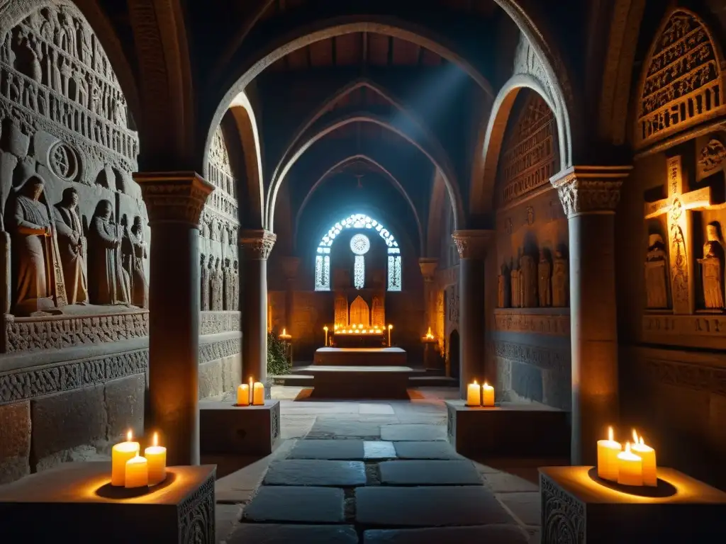 Misterios templarios: iglesia antigua iluminada por velas, símbolos en piedra