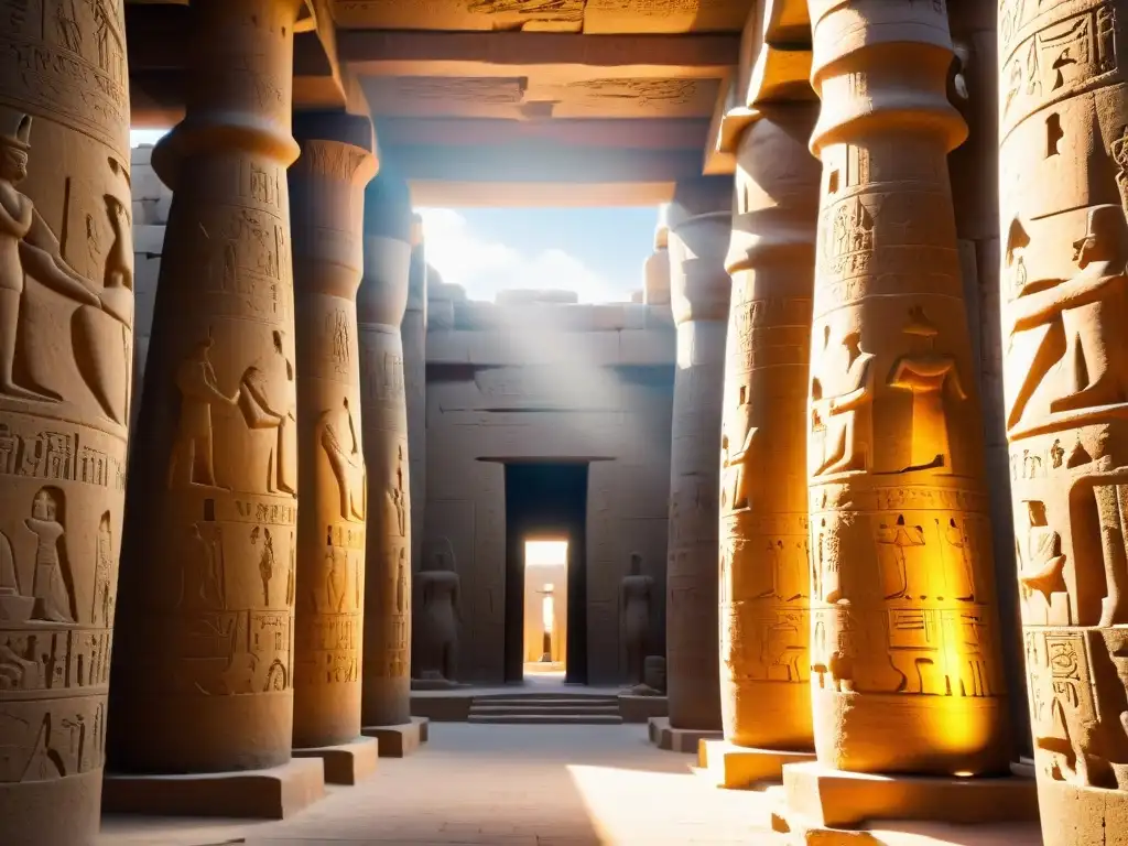 Misteriosa atmósfera en Templo de Karnak, con jeroglíficos iluminados por rayos de sol entre columnas de piedra