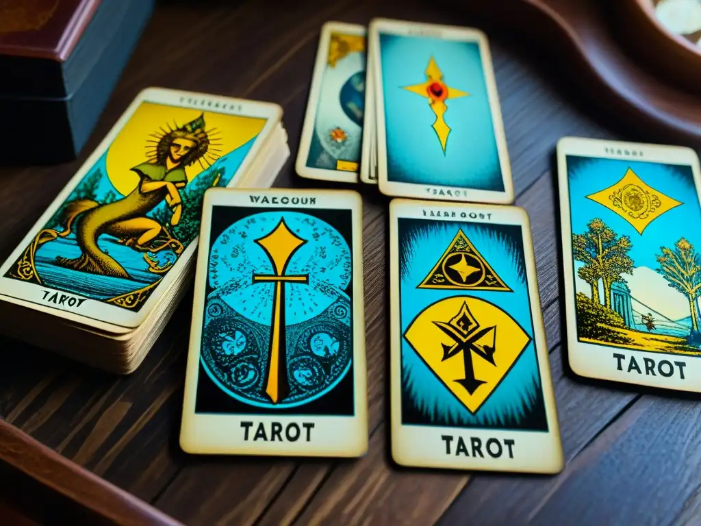 Una misteriosa baraja de Tarot desgastada en una mesa de madera antigua