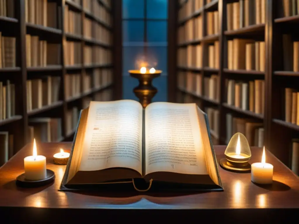 Una misteriosa biblioteca antigua iluminada por velas, con el libro 'Secretos Ocultos de Goethe' lleno de símbolos y diagramas