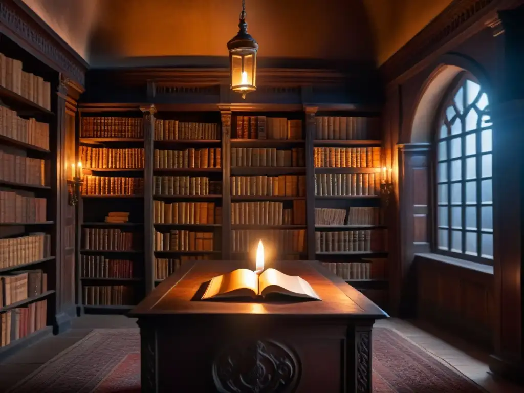 Misteriosa biblioteca antigua iluminada por una vela, con libros polvorientos