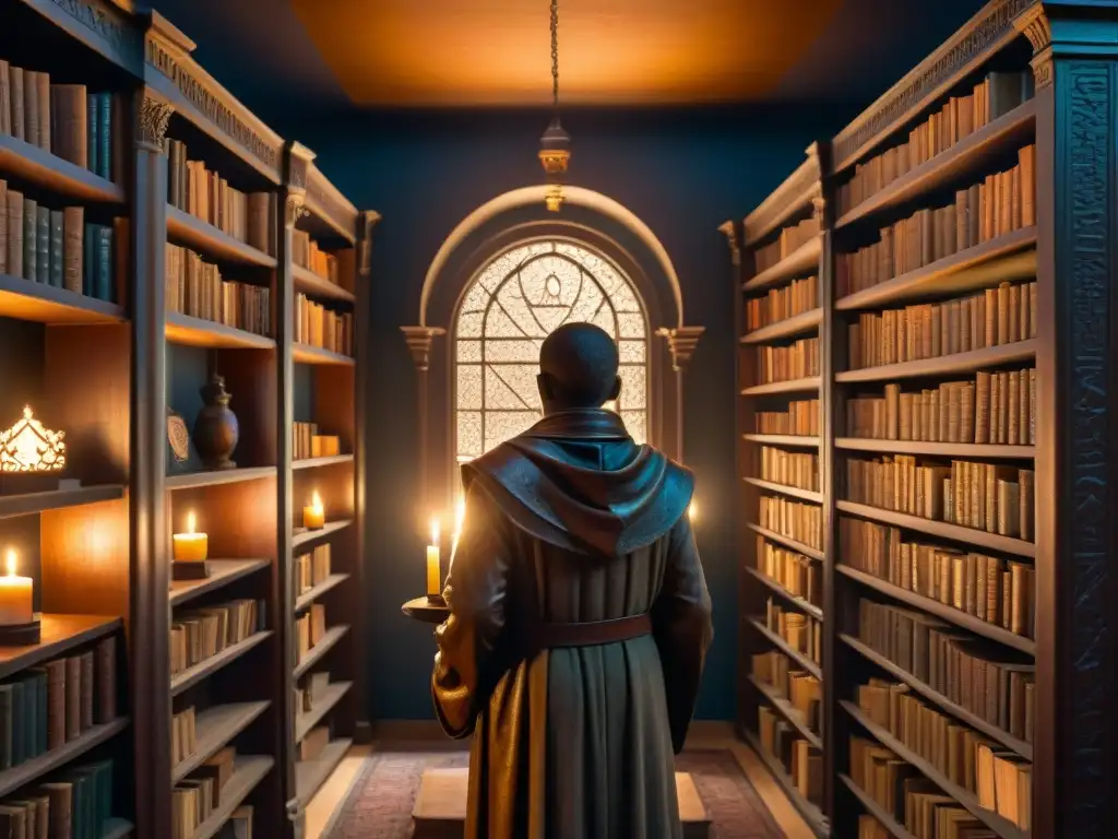 Biblioteca misteriosa: secretos ancestrales en ilustración detallada En una misteriosa biblioteca antigua iluminada por velas, un ser de otro mundo acecha