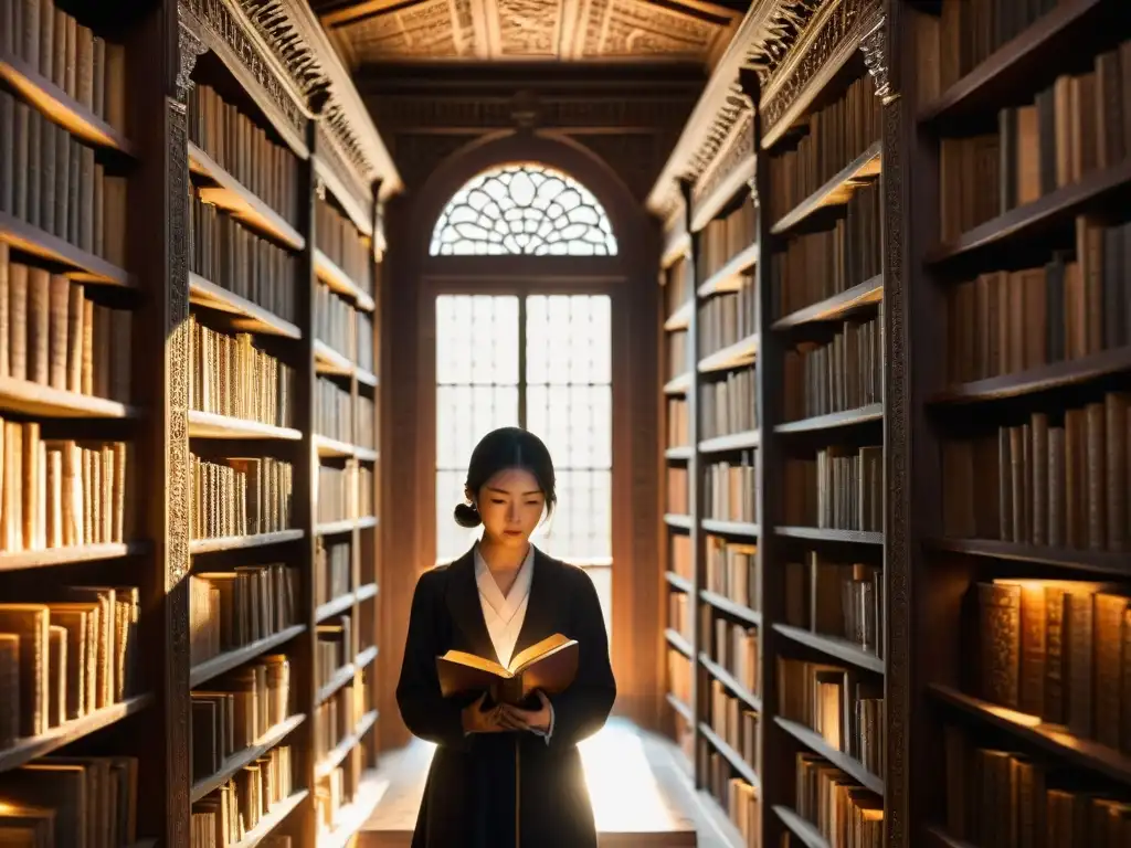 Misteriosa biblioteca antigua en Asia con libros secretos prohibidos, luz solar y figuras en sombra