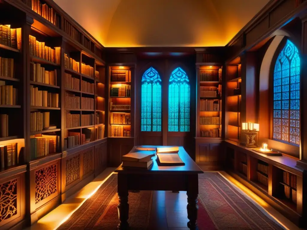 Misteriosa biblioteca antigua con libros y artefactos, iluminada por una luz tenue