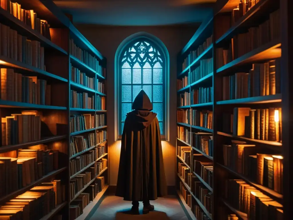 En la misteriosa biblioteca, una figura encapuchada estudia un antiguo tomo