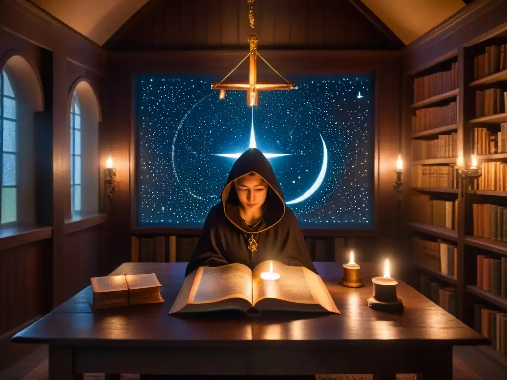 Una misteriosa biblioteca iluminada por una vela, con un mapa de líneas ley y constelaciones, y una figura en capa leyendo un manuscrito iluminado