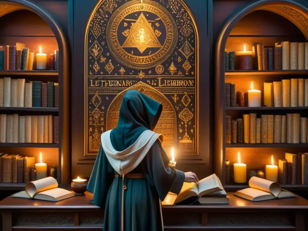 Una misteriosa biblioteca iluminada por velas, con libros antiguos y símbolos esotéricos