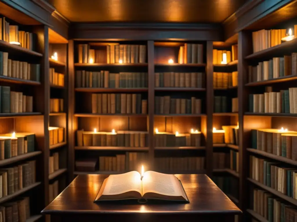 Una misteriosa biblioteca llena de libros esotéricos para desentrañar misterios, iluminada por velas