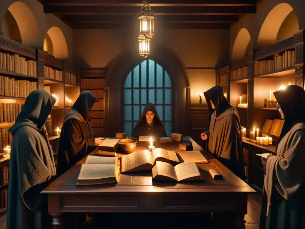 En una misteriosa biblioteca llena de libros antiguos y figuras encapuchadas, Sociedades secretas en el entretenimiento
