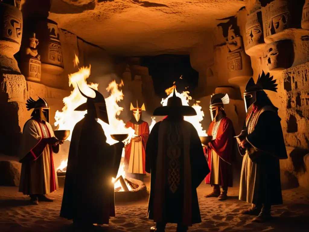 Misterioso ritual ancestral en caverna iluminada por fuego En la misteriosa caverna, un grupo realiza un ritual con máscaras y símbolos antiguos, evocando secretos de sociedades influyentes