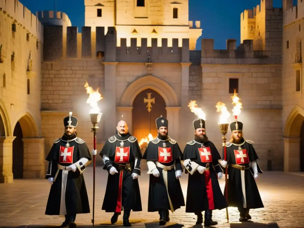 Misteriosa ceremonia de los Caballeros de Malta en un antiguo castillo, rodeados de antorchas