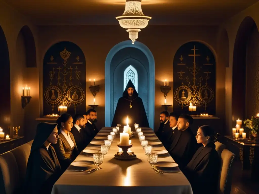 Una misteriosa ceremonia con simbolismo oculto dieta Illuminati en una sala iluminada por velas