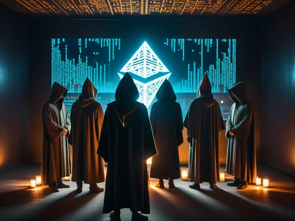 Misteriosa ceremonia de sociedades secretas fundadores Ethereum en sala iluminada por códigos blockchain