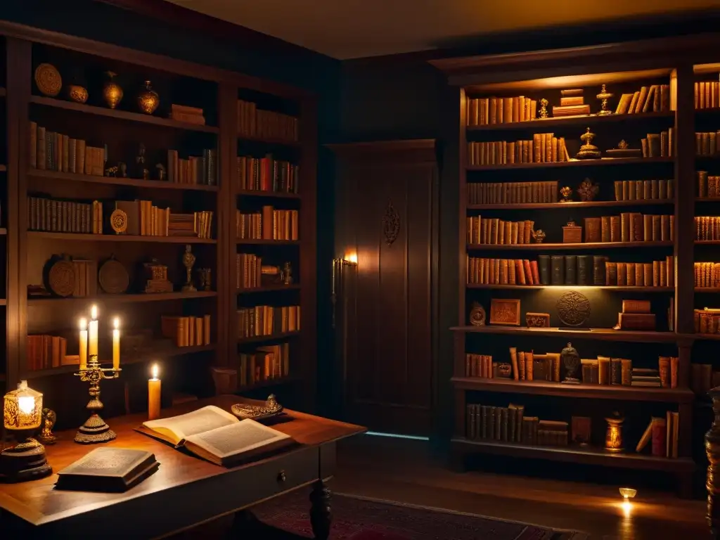 Misterioso estudio lleno de símbolos y artefactos antiguos Una habitación misteriosa y decorada con símbolos y artefactos antiguos, iluminada por velas, evocando sociedades secretas influencia mundo moderno