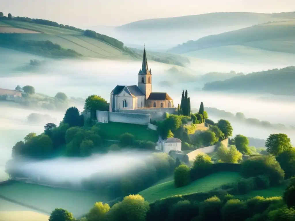 Misteriosa iglesia de Santa María Magdalena en Rennes-le-Château, envuelta en neblina