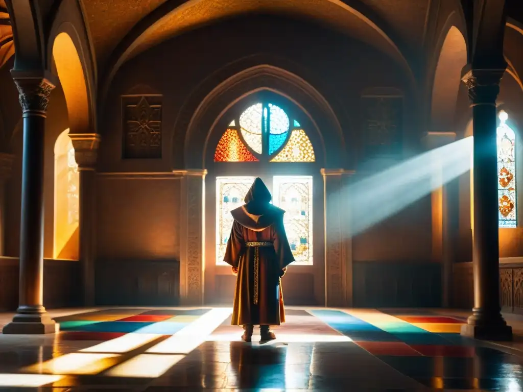 Misteriosa escena en una antigua catedral iluminada por vitrales coloridos