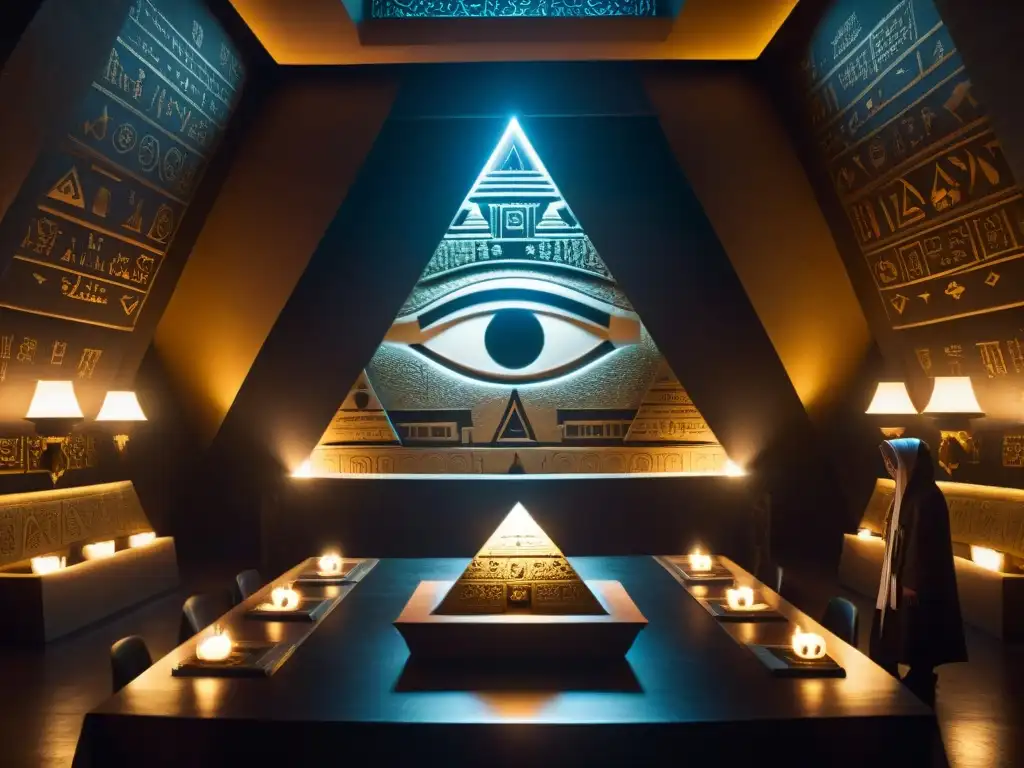 Misteriosa Estructura piramidal Illuminati influencia sociedad en sala con símbolos y figuras encapuchadas