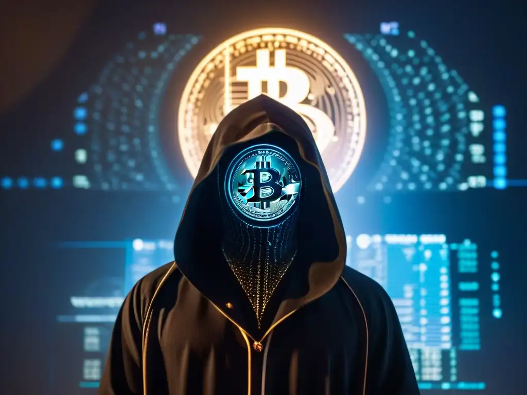 La misteriosa figura en capa oscura frente a pantalla de criptomonedas, con símbolos secretos