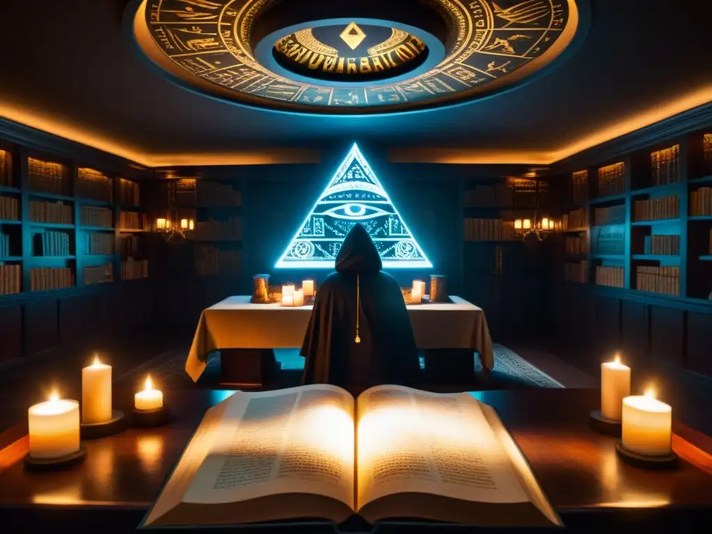 Conspiración Illuminati: misterio y secretos en la sala En una misteriosa habitación, figuras en capuchas rodean símbolos Illuminati