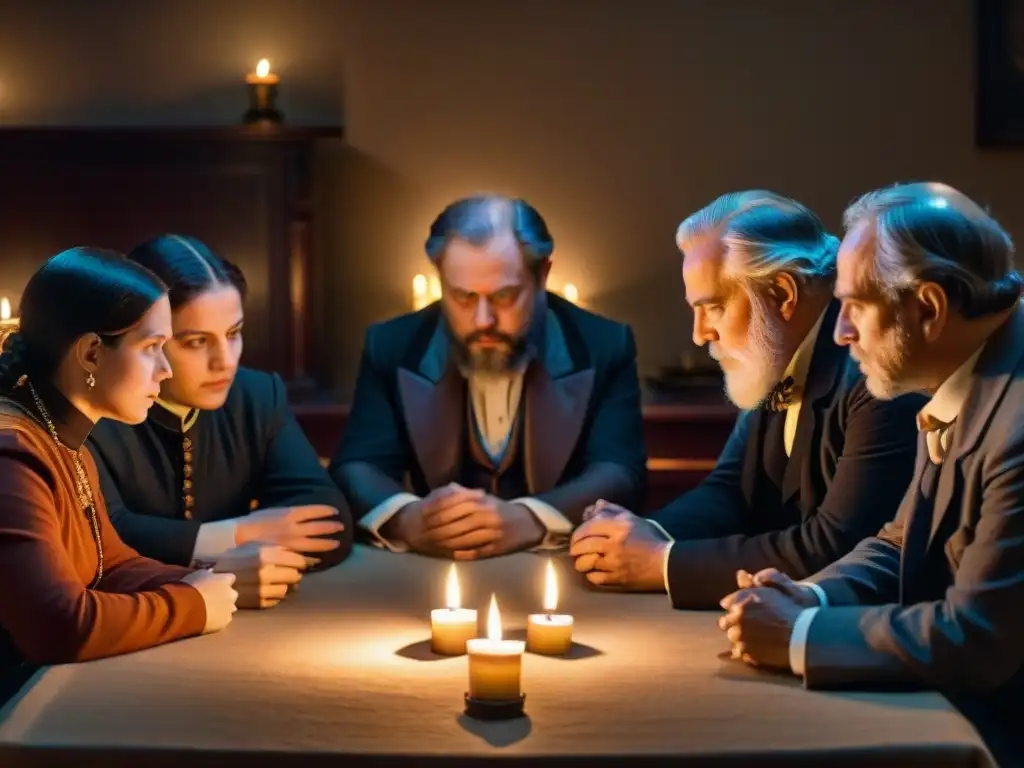 Reunión misteriosa de figuras clave de la Sociedad Teosófica en sala iluminada por velas