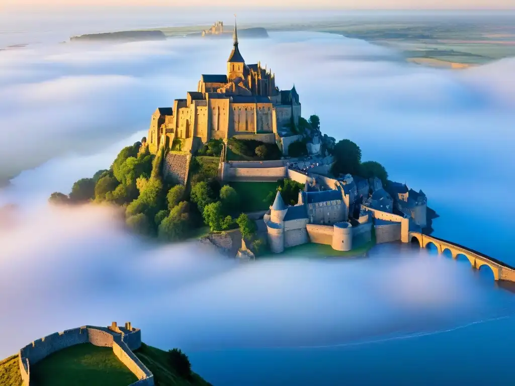 La misteriosa fortaleza medieval de Mont Saint-Michel emerge entre la neblina al amanecer, revelando su arquitectura centenaria