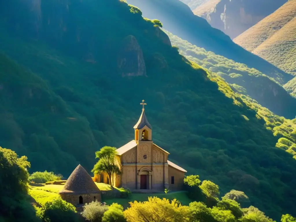 Misteriosa iglesia de piedra antigua en la montaña verde con símbolos tallados, figura en sombras