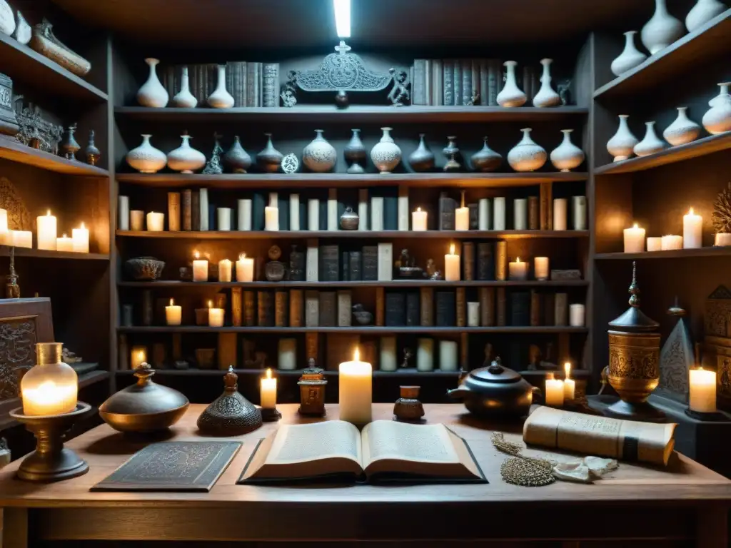 Escena mística en la Alba Dorada: mesa de alquimia y símbolos Una misteriosa habitación iluminada débilmente, llena de símbolos y artefactos místicos de la Alba Dorada