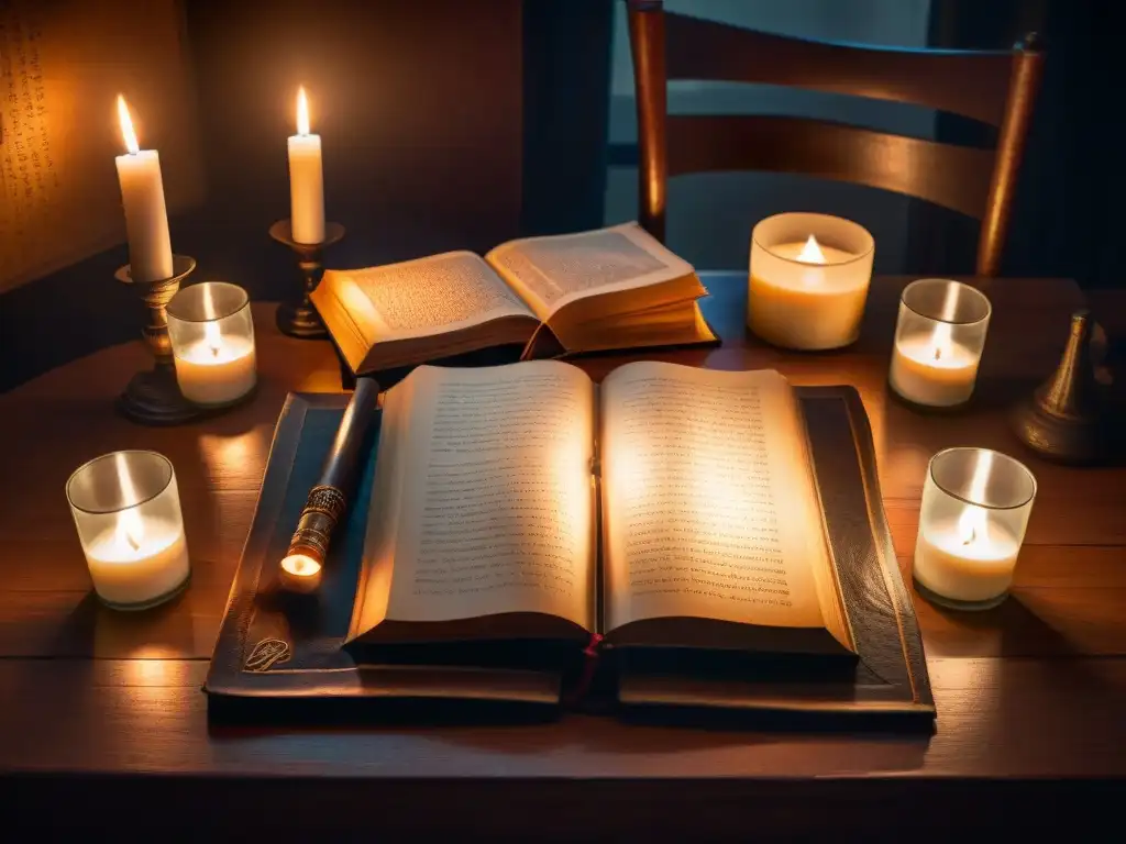 Una habitación misteriosa iluminada por velas, con símbolos antiguos y un libro abierto