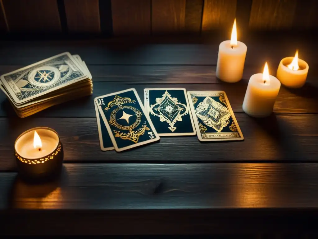 Misteriosa influencia de sociedades secretas en la historia a través de enigmáticas cartas de tarot sobre mesa de madera iluminadas por vela titilante