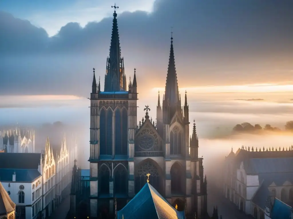 La misteriosa influencia de las sociedades secretas en el mundo, reflejada en la majestuosa catedral gótica envuelta en niebla al amanecer