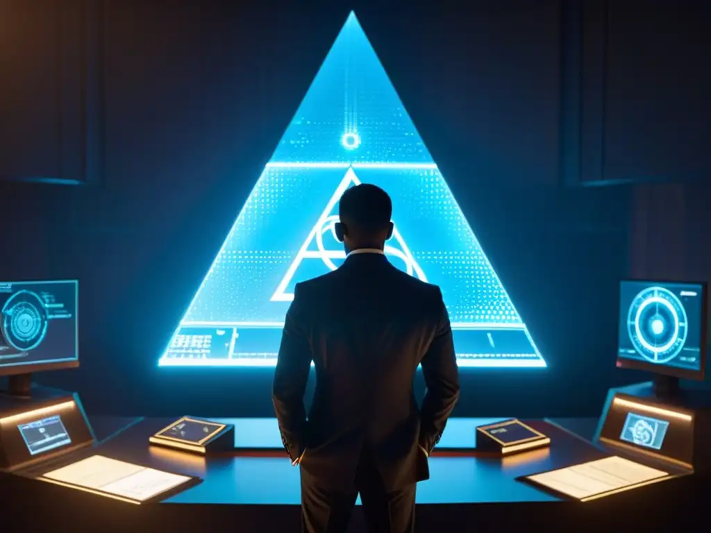 La misteriosa influencia de los Illuminati en tecnología, reflejada en una figura rodeada de avanzada tecnología futurista en una habitación sombría