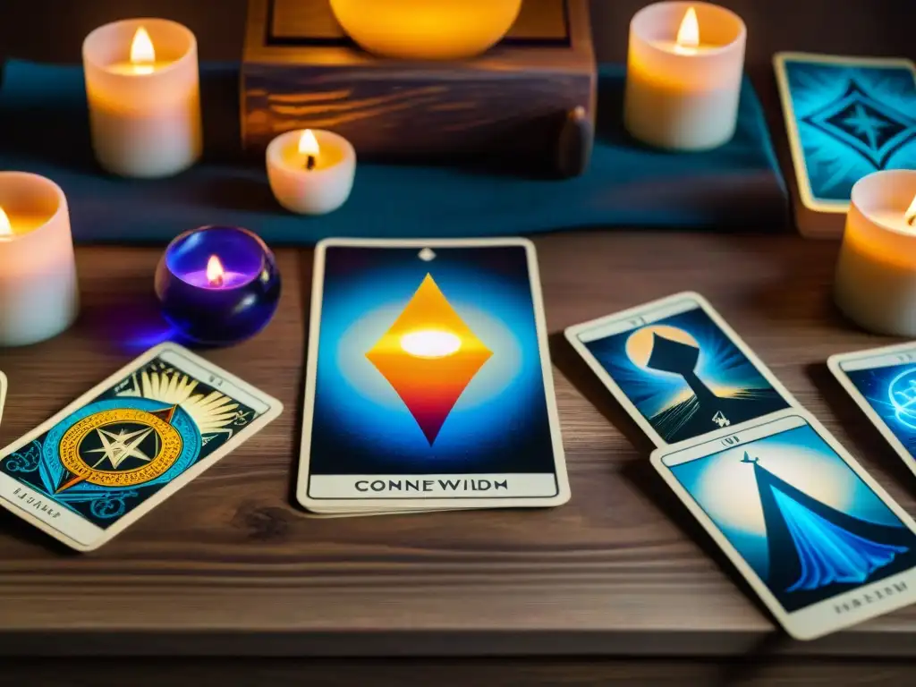 Misteriosa lectura de tarot con símbolos vibrantes y aura de sabiduría ancestral