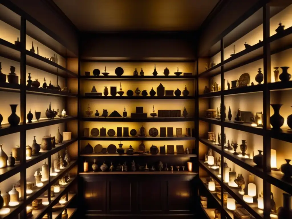 Enigmáticos artefactos de sociedades secretas Una habitación misteriosa llena de artefactos antiguos relacionados con sociedades secretas, iluminada por una vela