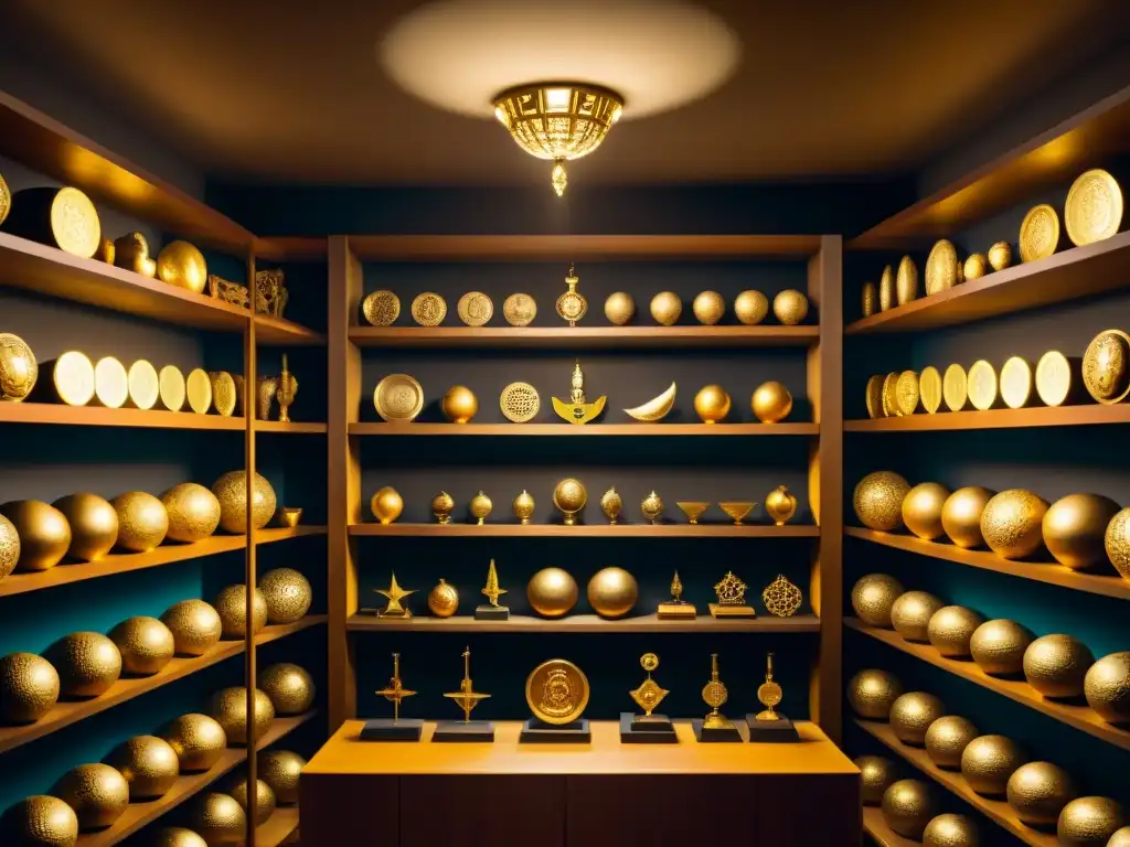 Sala misteriosa: Emblema dorado de sociedades secretas Una habitación misteriosa llena de artefactos antiguos y secretos, con un emblema dorado en el centro