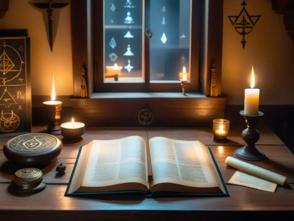 Una habitación misteriosa llena de manuscritos antiguos y símbolos alquímicos, con velas iluminando un libro de sigilos