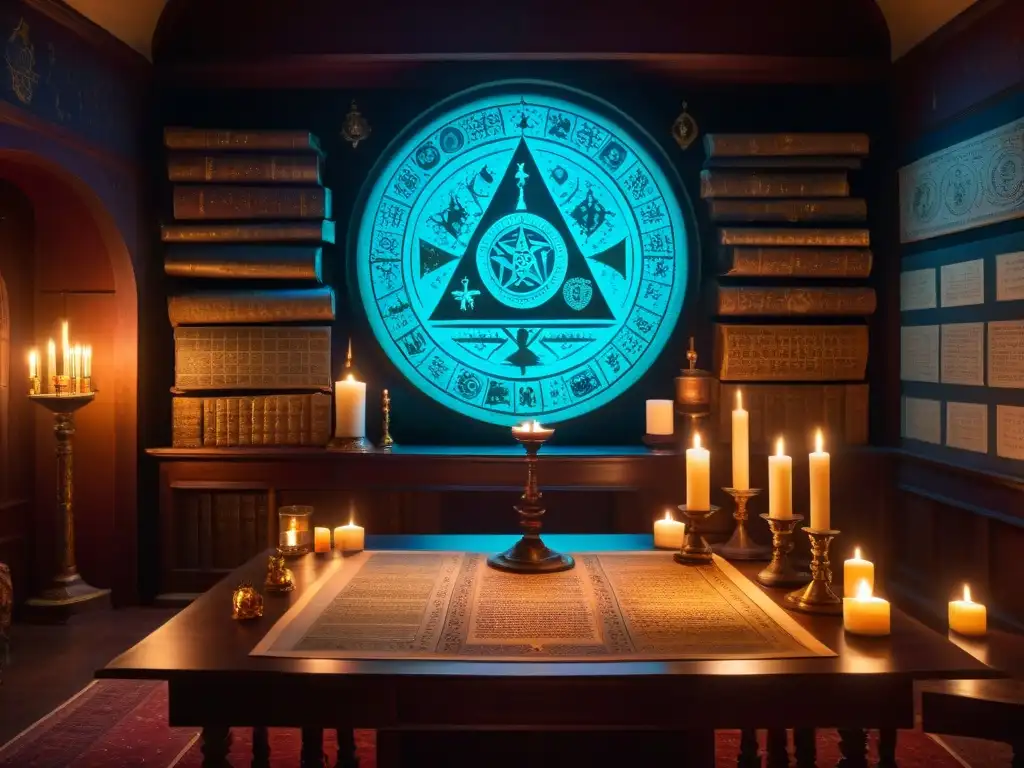 Una misteriosa habitación llena de manuscritos y artefactos antiguos relacionados con sociedades secretas a lo largo