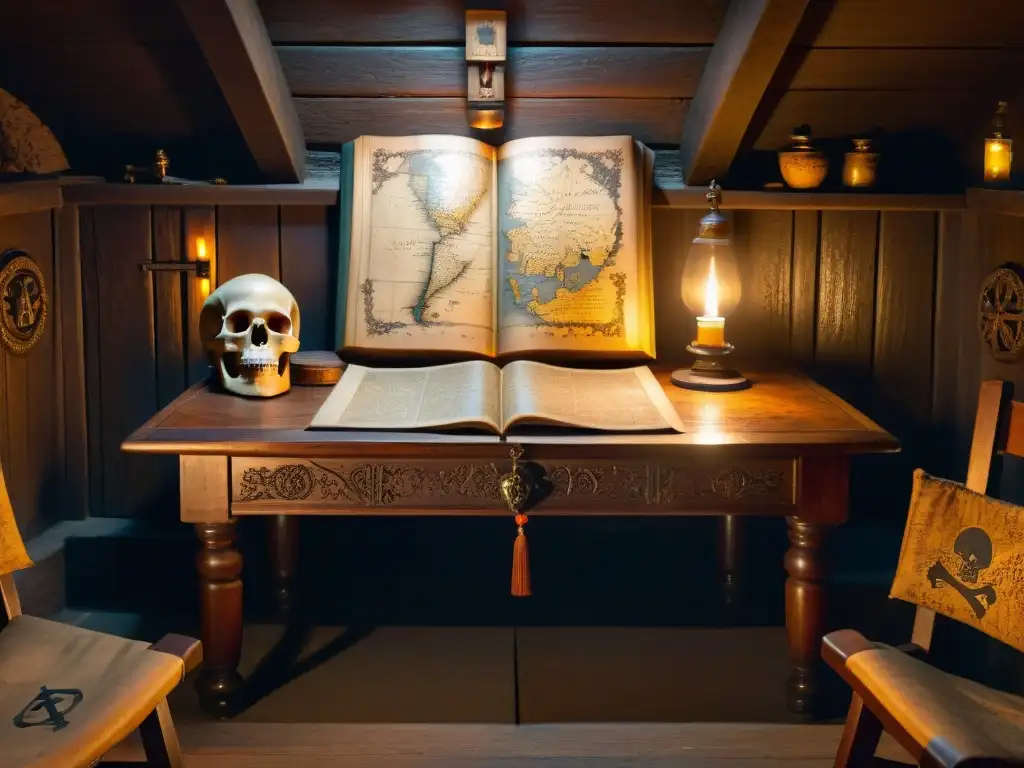 En la misteriosa cámara subterránea, una mesa antigua iluminada por velas revela mapas, brújulas y un libro de piratas