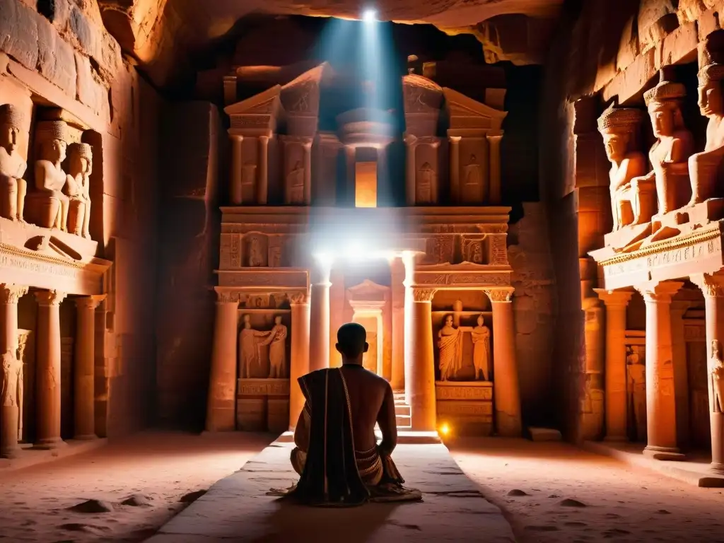 Chamber misteriosa en Petra con símbolos antiguos y luz en altar