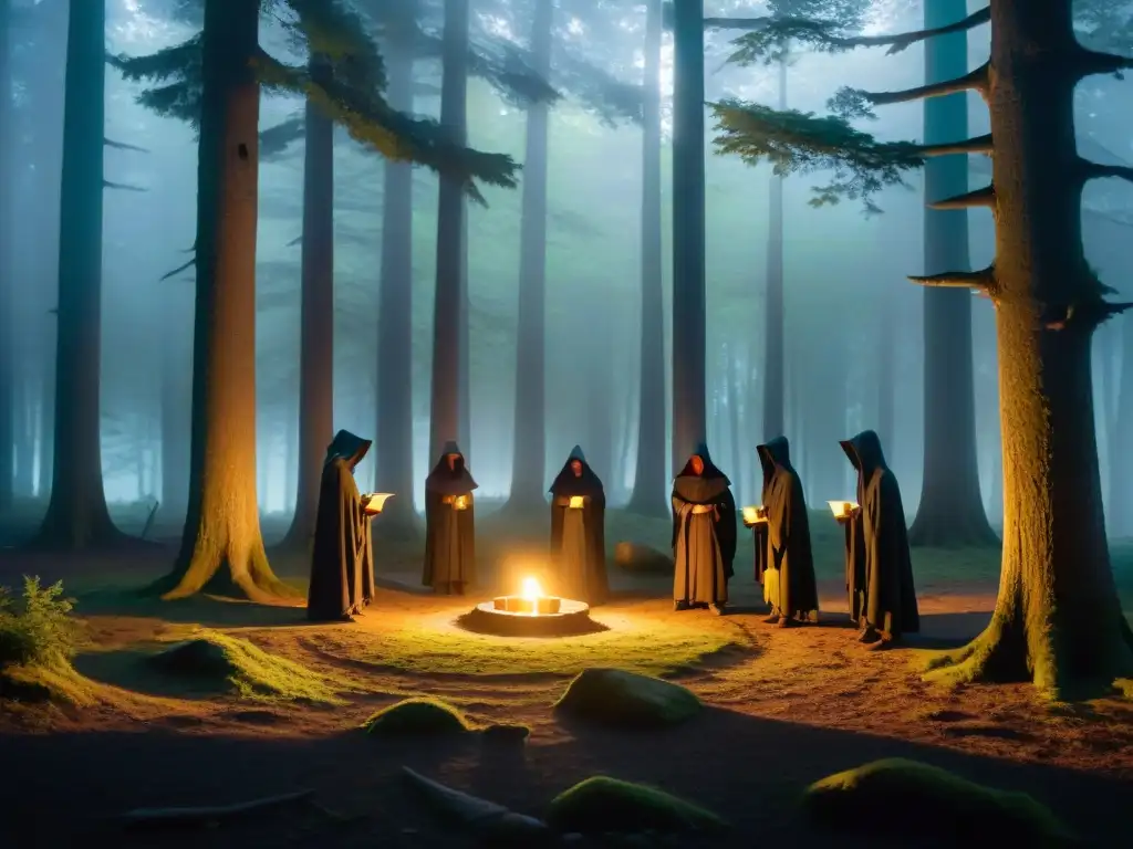 Rituales ancestrales al amanecer: misterio en el bosque Misteriosa reunión al amanecer de sociedades secretas en el bosque
