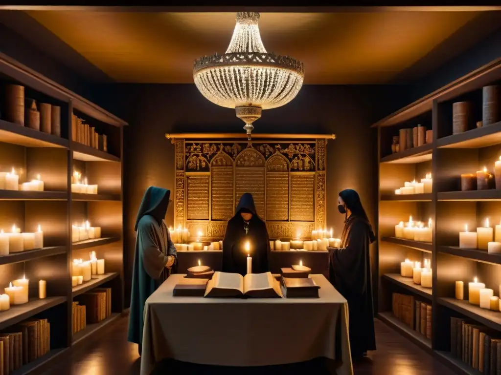 Reunión secreta de encapuchados en cámara misteriosa Misteriosa reunión de figuras en capuchas discutiendo en cámara con símbolos antiguos y velas, en un ambiente de intriga