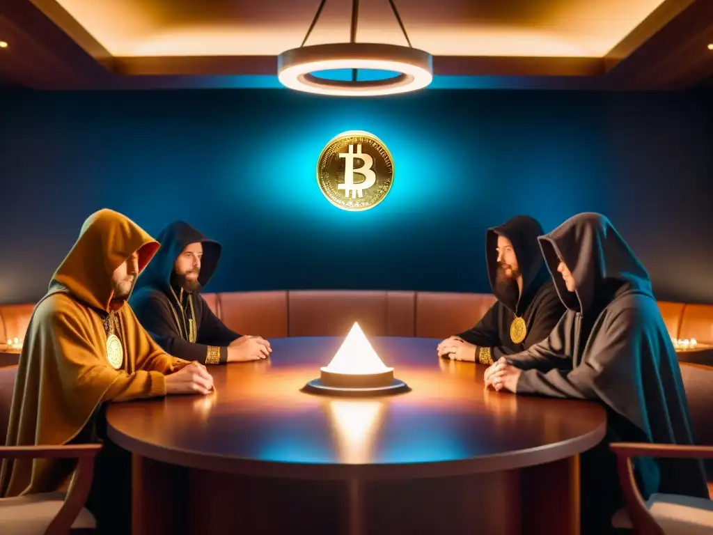 Una misteriosa reunión con figuras en capuchas en una sala llena de símbolos de criptomonedas y emblemas de sociedades secretas, iluminada por velas